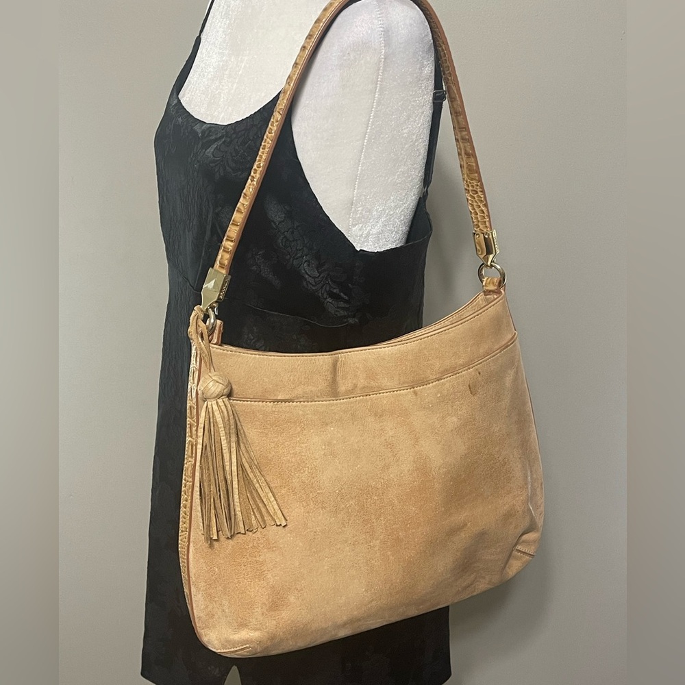 Brahmin Luxury Full Grain SuedeLeather Shoulder Bag Beige Tan Gold Tone Hardware